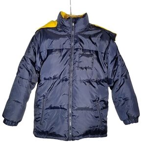 NOKI blue and yellow reversible down puffer coat with hood Size Small